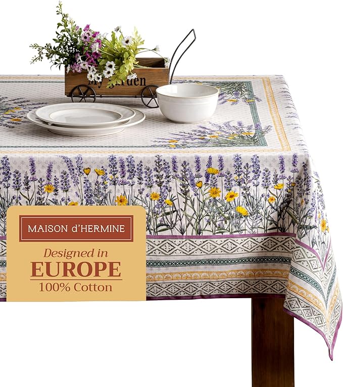 Maison d' Hermine Table Cloth Square Table 100% Cotton 60 x 60 Inches Tablecloth Reusable Decorative for Dining Room, Farmhouse, Home, Party, Festive & Wedding Spring Summer - Fanny Lavender