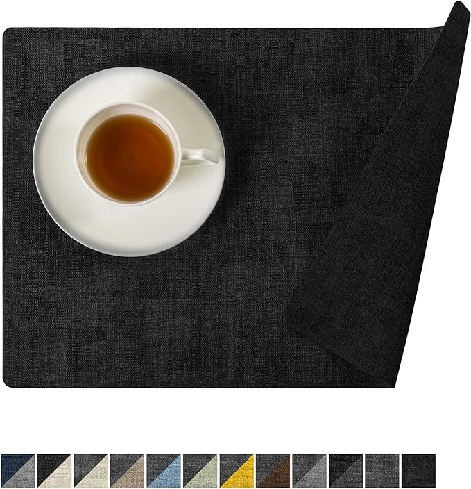 Romanstile Reversible Vinyl Placemats Set of 4, Faux Leather 100% Waterproof Oil-Proof Wipeable Place Mats, Heat Resistant Dual Sided Table Mats for Kitchen/Dining/Party (Black, 12 x 17 Inch)