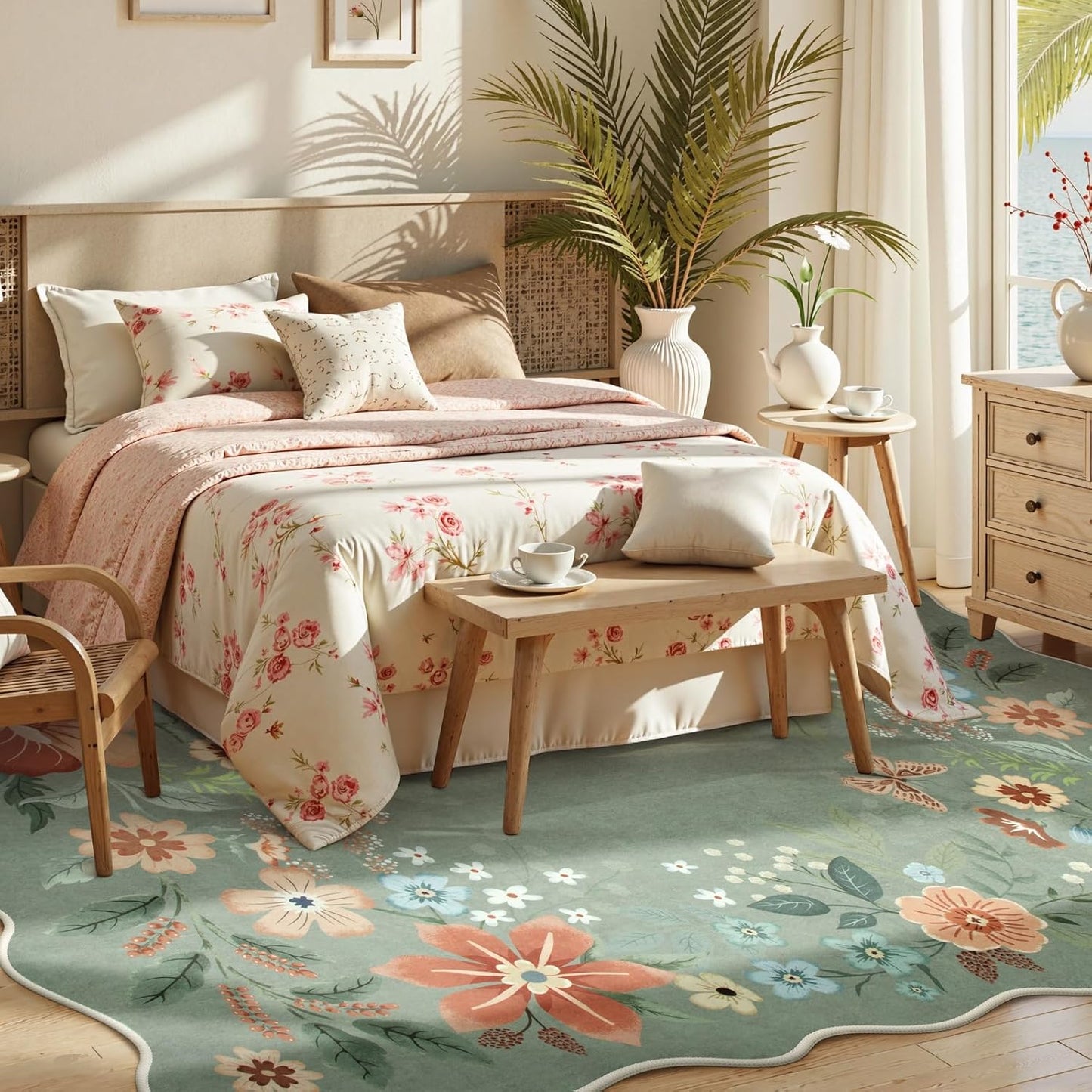 Beeiva Washable Rug 6x9 - Scalloped Floral Printed Soft Non Slip Kids Rugs for Bedroom Ultra-Thin Low Pile Boho Green Area Rug Aesthetic Throw Carpet for Living Room Playroom Dorm Office(Green,6x9ft)