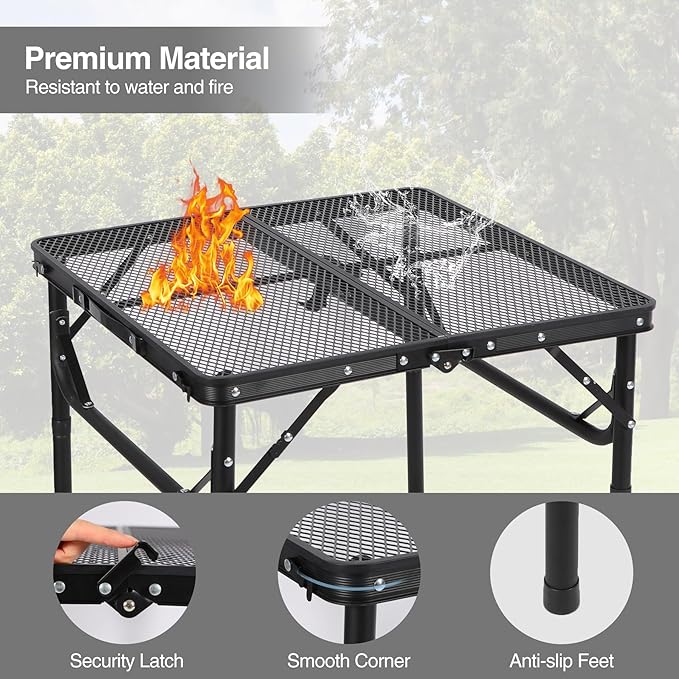 RedSwing Portable Grill Table for Outside, Aluminum Square Folding Grill Stand Table for Outdoor Camping Picnic BBQ, Lightweight Adjustable Height, 24"x24", Black