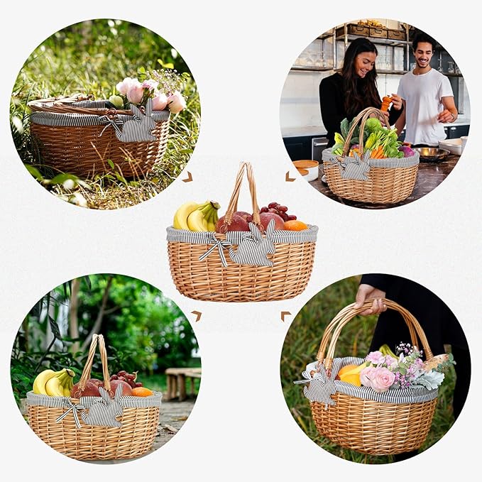 G GOOD GAIN Oval Picnic Basket with Folding Handles, Willow Hand Woven Shopping Basket, Bath Storage Gift Packing Basket, Wicker Empty Easter Eggs and Candy Small Gift Basket. Grey