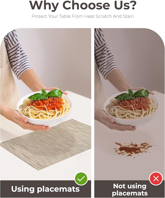 Leetaltree Light Brown Placemats Set of 12 - Heat Resistant Non-Slip Place mats for Dining Table, Washable Durable PVC Vinyl Woven Table Mats（Light Brown, 12）