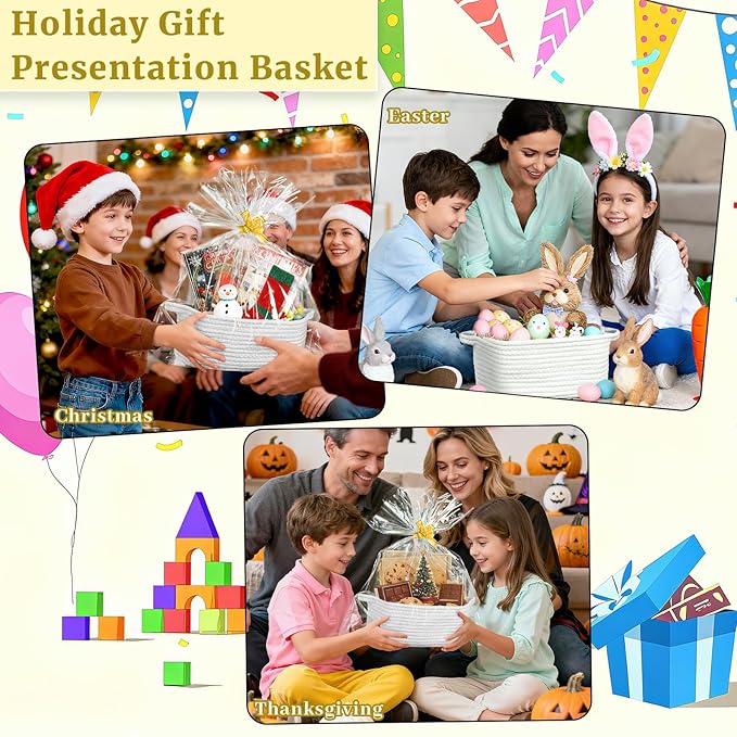 Succwoah 8 Pack Small Woven Baskets with Gift Bags & Ribbons & Cards, Cotton Rope Nursery Storage with Handles, 12"x8"x5", Empty Gift Baskets for Baby Shower, Christmas, Thanksgiving, Organizer (White)