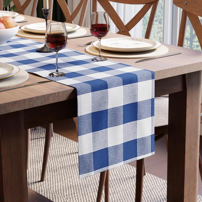 Encasa XO Cotton Dining Table Runner | Buffalo Blue Checks | Size 13x104 in - Machine Washable & Durable