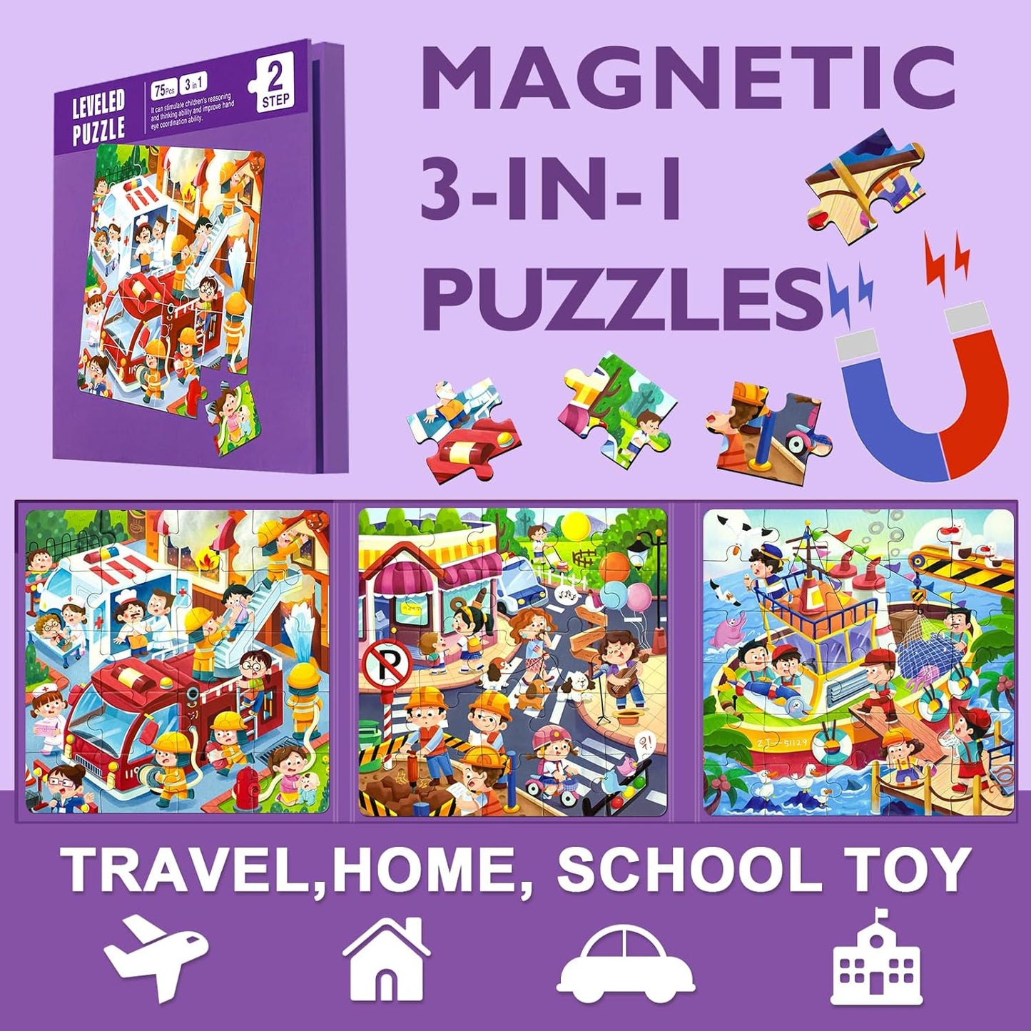 Magnetic Puzzles for Kids Ages 4-8, 3 in 1 Toddlers Cartoon Magnet Jigsaw Puzzle Book, Travel Toys, Preschool Learning Toy for Ages 3-8 (Purple Squad)