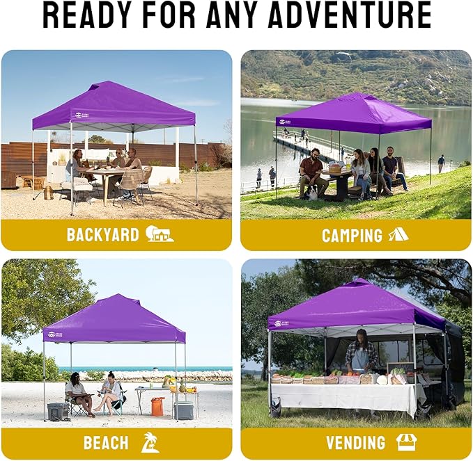 CROWN SHADES 10x10 Pop Up Canopy - Beach Tent with One Push Setup - Easy Outdoor Sun Shade for Events, Parties, Camping - Gazebo with STO-N-Go Cover Bag, Silver Coated Top, Purple