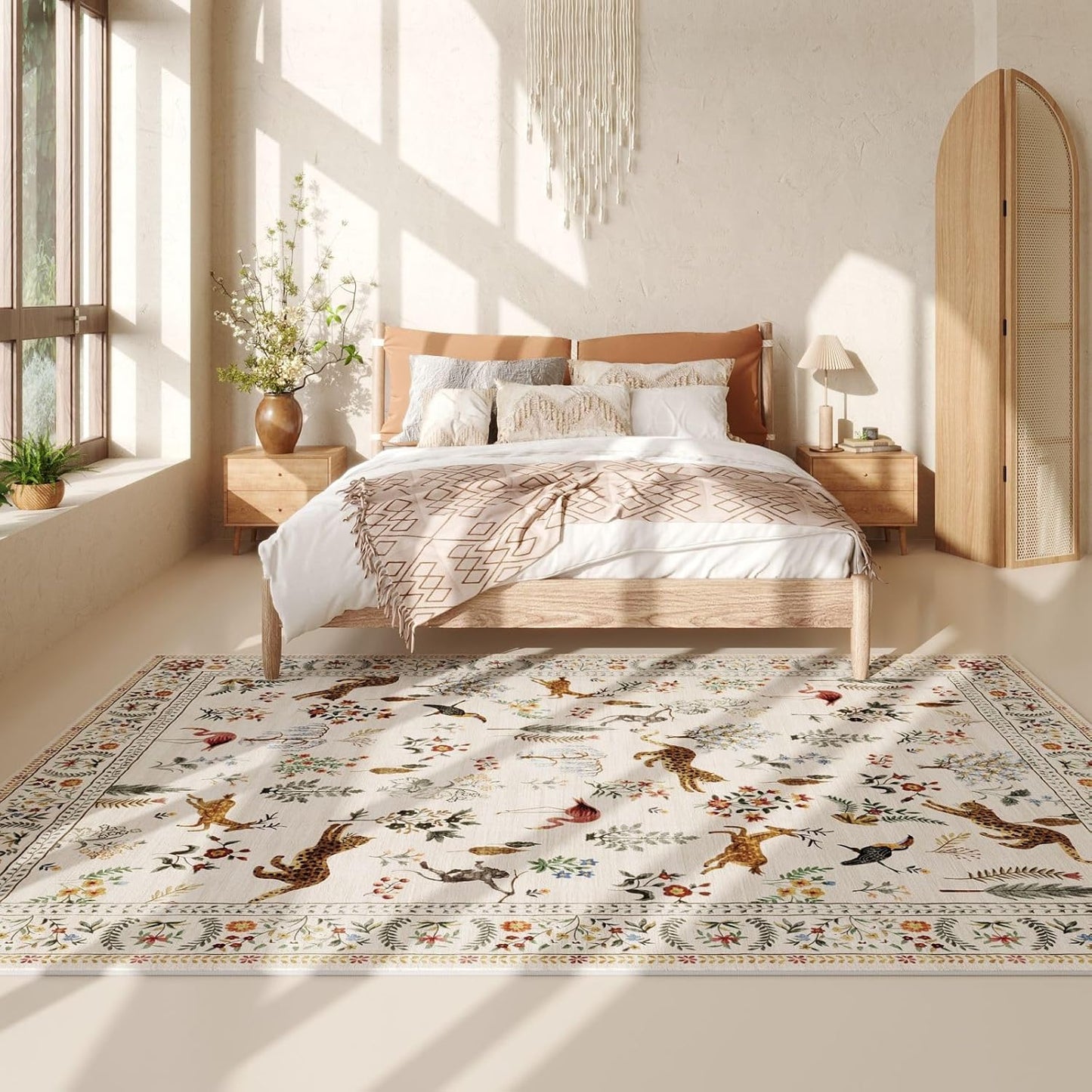 Rugcomf Living Room Rug 6x9 Rug Machine Washable Boho Area Rug Non Slip Floral Animal Vintage Low Pile Large Rug for Living Room, Bedroom, Farmhouse, Dining Room, Kids Playroom (Beige)
