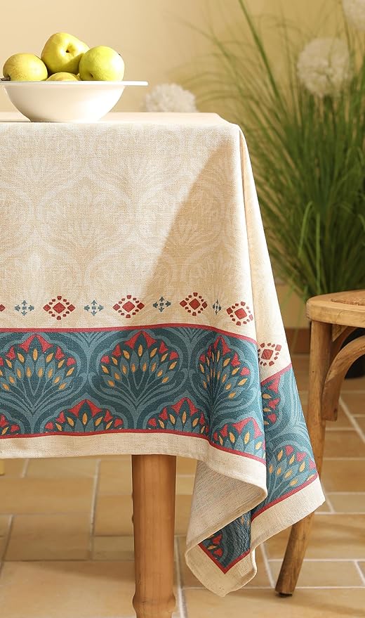 Vintage Beige Linen Rectangle Tablecloth,Paisley Farmhouse Feather Floral Pattern Table Cloth,Decor Table Cover for Kitchen,Dining,Thanksgiving,Christmas,55"*87"-Dorodango F