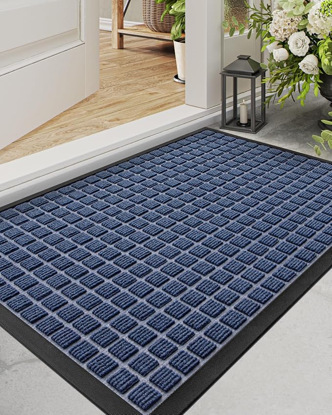 DEXI Front Door Mat Outside Entrance, 2x3 ft Rubber Entry Doormat Heavy Duty, Welcome Mats Non Slip for Inside House Floor Entryway Double Doors Exterior Patio, Checkered Blue