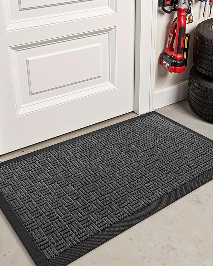 DEXI Front Door Mat Outside Entrance, 2x4 ft Rubber Entry Doormat Heavy Duty, Welcome Mats Non Slip for Inside House Floor Entryway Double Doors Exterior Patio, Maze Black