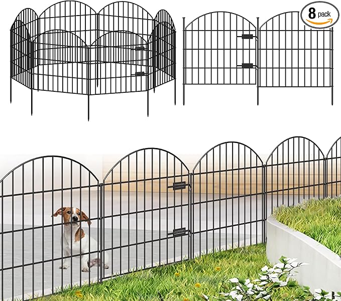 Metal Garden Fence with Gate 28in (H) x 18.7ft (L), 1 Gate + 7 Panels Dog Fence Border Fence Animal Barrier, No Dig Garden Fencing for Yard Flower Bed Lawn Patio Outdoor, ECG2829 Black