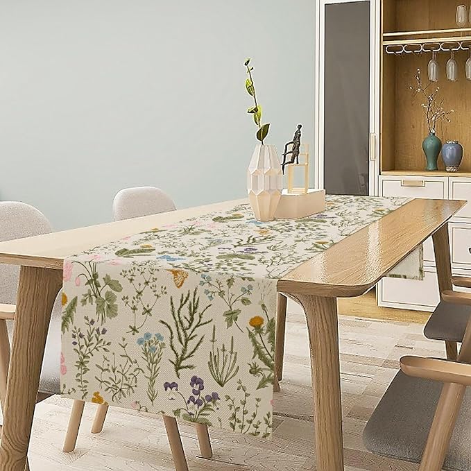 Vintage Wildflower Table Runner,Spring Floral Herbs Botanical Summer Butterfly Print Table Runner for Kitchen Dining Table Home Party Decor 13x60in
