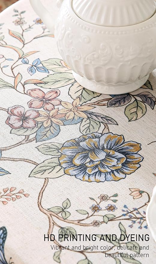 ISAENNE Designer French Light Beige Small Round Tablecloth,Linen Florals and Birds Pattern Table Cloth,Anti-Wrinkle Decorative Tablecloths for Dining Thanksgiving Kitchen,Diameter 55"-Cornucopia