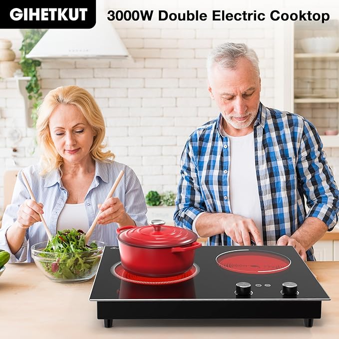 Electric Cooktop,1110V 2100W 2 Burner stove,Built-in & Countertop Stove Top with10 Heating Level, Timer & Kid Safety Lock, LED Knob Touch Control 2 Burner Electric Cooktop