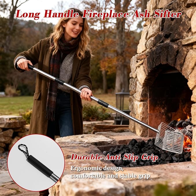 Ash Sifter Shovel for Fireplace Fire Pit Wood Stove, 43Inch Long Handle Metal Coal Sifter Adjustable Charcoal Ash Shovel Heat Resistant Fireplace Tools for Easy Sifting, 3-Section Detachable Handle