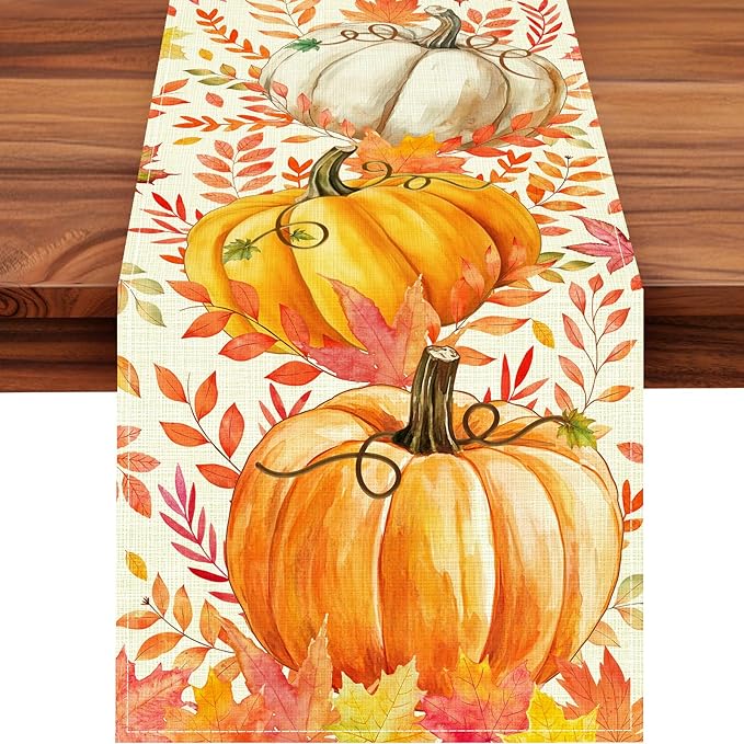 Pumpkin Fall Table Runner, Maple Leaf Autumn Thanksgiving Kitchen Table Decorations for Home Party Decor 13×72 Inches