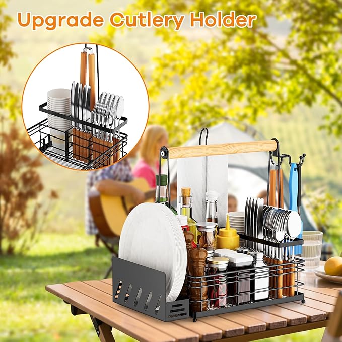 Grill Caddy, BBQ Caddy with Paper Towel Holder & Utensil Holder, Picnic Caddy Organizer for Outdoor Cooking, Camping Essentials, Tailgating, Camping Must-Have for Patio, RV, Camper
