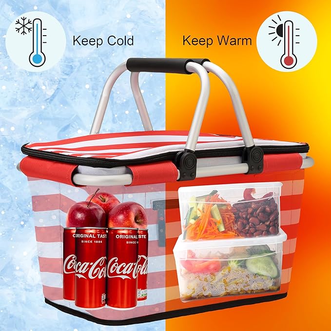 SIYUAN Picnic Basket with Handles 30L Leakproof Insulated Cooler Stripped Grocery Shopping Market Tote for Family Red White