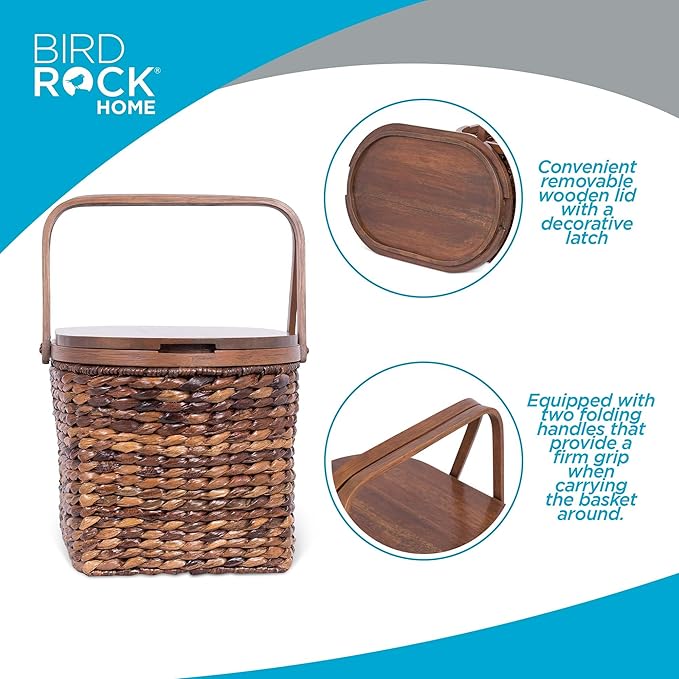 BirdRock Home Seagrass and Abaca Picnic Basket with Wood Lid | Hand Woven | Espresso | Decorative Latch | Wooden Top | Home Décor | Folding Handles