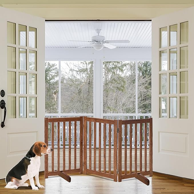 LZRS Freestanding Dog Gate 30 inch Tall - 3 Panels Solid Wooden Pet Gate for Doorways, Stairs & Hallways, Expandable & Foldable with Support Feet，Indoor Use,Oak