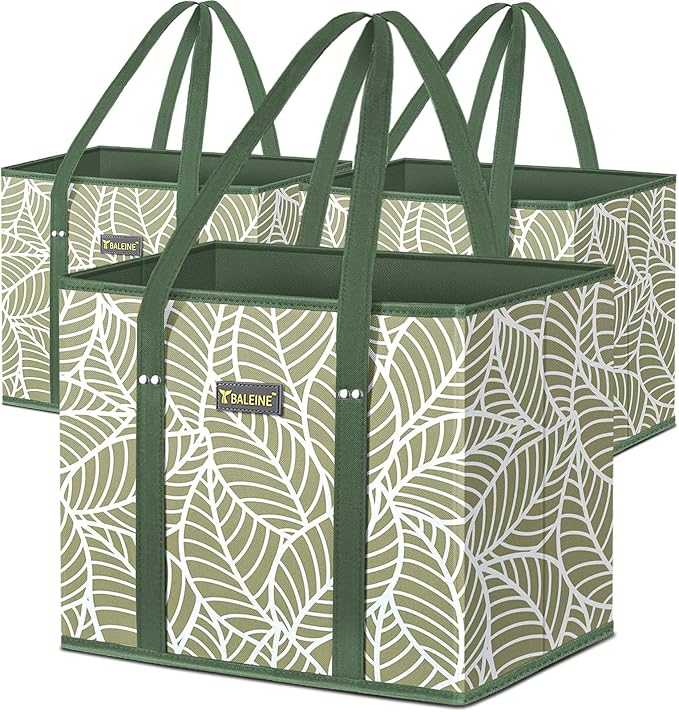 BALEINE 3Pk Reusable Grocery Bags, Foldable Shopping Bags for Groceries with Reinforced Bottom & Handles (Antique Foliage) | 3Pk, for Groceries, & Handles