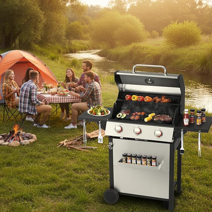 Propane Gas BBQ Grill, Upgraded 30,000 BTU Stainless Steel Barbecue Grill with Foldable Side Tables, Spice Rack & Wheels for Outdoor Cooking(3 Burner grill)