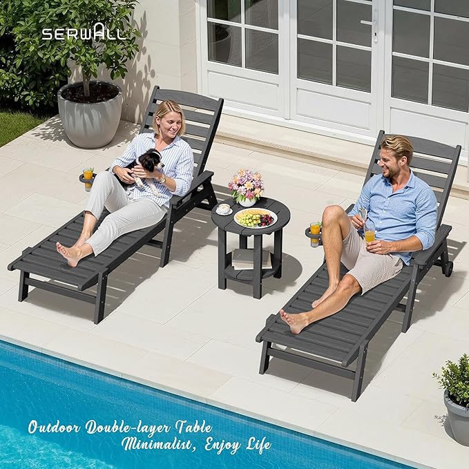 SERWALL Round Outdoor Side Table, HDPE Small Adirondack End Table,2-Tier Patio Side Table for Backyard Pool Porch Garden Lawn, Gray