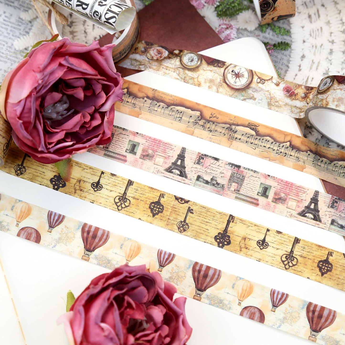 Washi Tape Set 16 Rolls, Decorative Tape, Vintage Washi Tape, Craft Tape, Scrapbook Tape, Washi Tape for Journaling, Washy Tape, Travel Washi Tapes