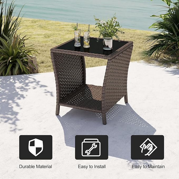 kinbor Outdoor Wicker Side Table - Tempered Glass Top Small Outdoor Table with Storage Shelf for Patio, Balcony & Porch, Durable PE Rattan & Iron Frame
