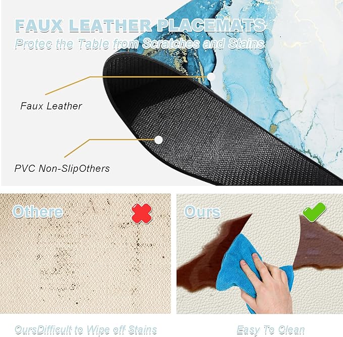 Marble Placemats Set of 4 - Faux Leather Heat Resistant Placemats for Dinner Table, Non-Slip Waterproof Oil-Proof Washable Reusable Placemat for Indoor Outdoor Kitchen Decor, 15.75In*11.81In