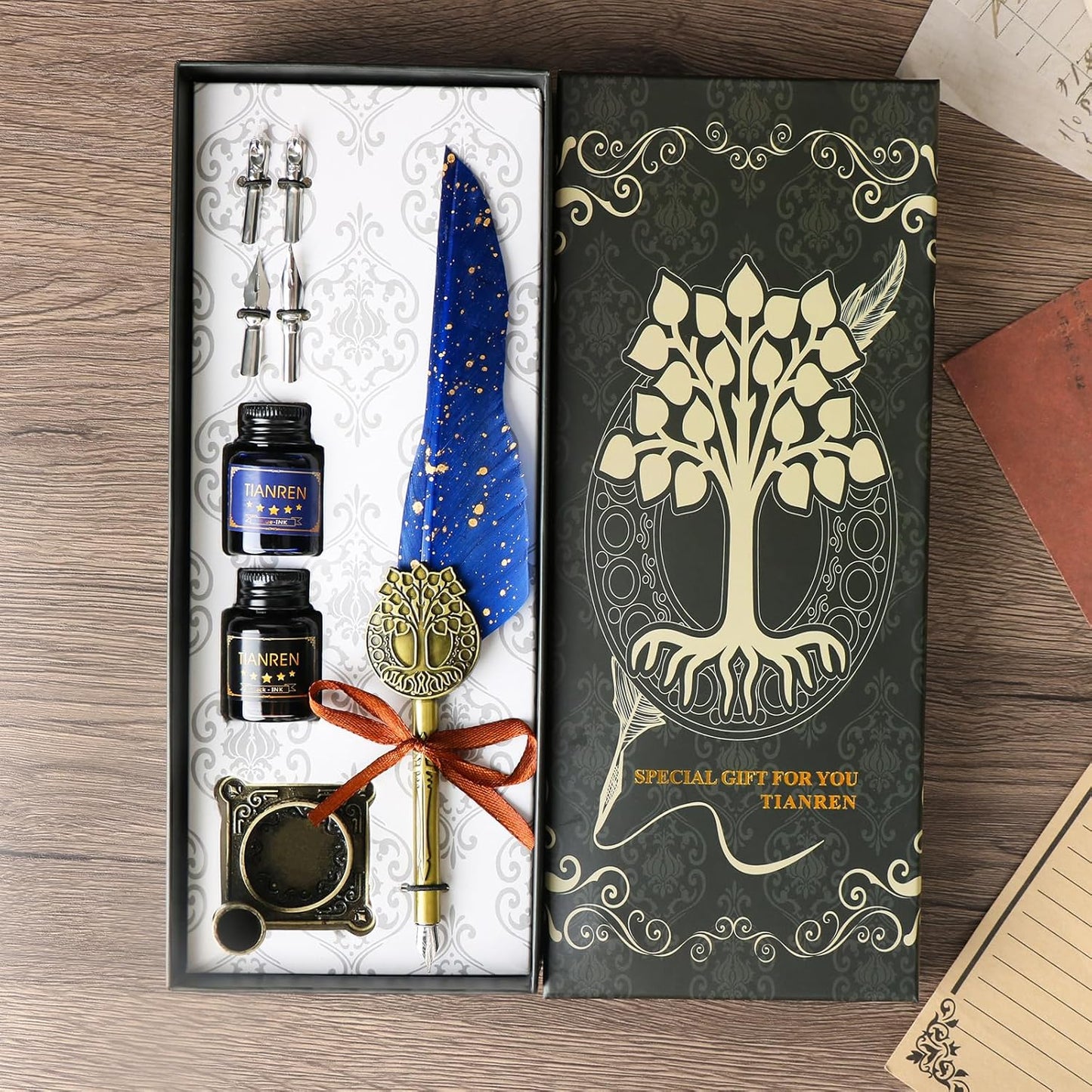Feather Pen and Ink Set,quill pen ink set,Antique Calligraphy Pen with 4 Replaceable Nibs,2 Bottle of ink,Pen Holder Christmas Gift for Men&Women.(Blue)