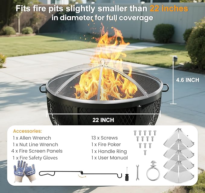 Stainless Steel Fire Pit Spark Screen 22 Inch Round, Heavy Duty Outdoor Fire Pit Screen Cover with Foldable Hook & Marshmallow Sticks, Mesh Spark Protector for Backyard, Camping, Beach