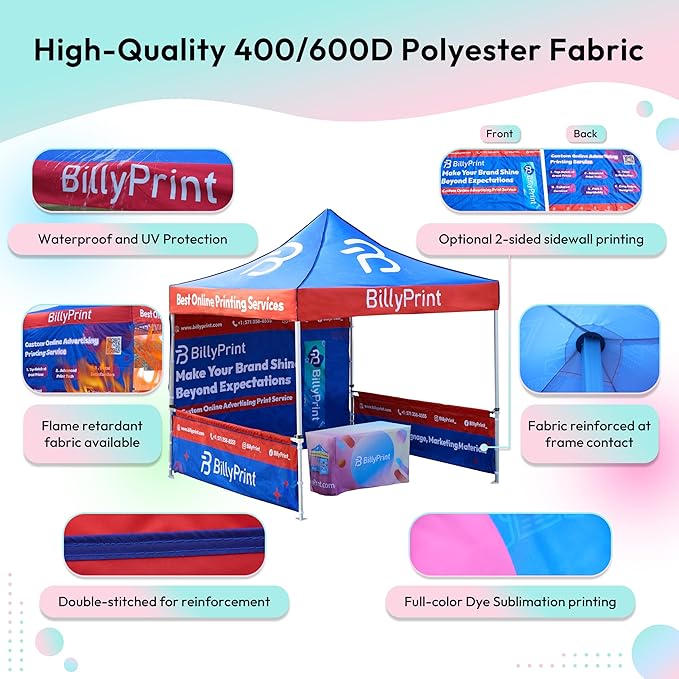 Custom Canopy Tent Top with Logo 10x10 | Pop Up Vendor Tent for Trade Shows, Events | Full-Color Printing | Optional Walls or Heavy-Duty Aluminum Frame | Waterproof UV Fabric | Expedited Service