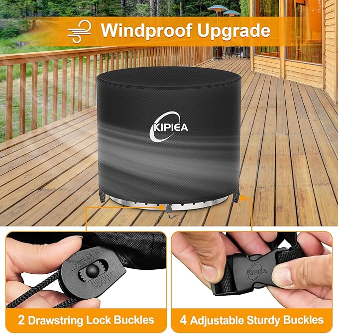 Kipiea Round Fire Pit Cover for Solo Stove Yukon - 100% Waterproof Smokeless Fire Pit Cover, Upgraded 600D Strong Tear and UV Resistant - 28" Dia X 16" H