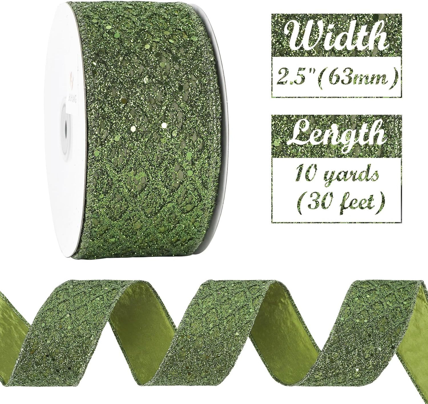 HUIHUANG Moss Green Wired Ribbon for Christmas Tree 2.5 inch Glitter Moss Diamond Mesh Ribbon for Tree Decoration, Wreaths, Garland, Gift Wrapping, Bows Making, Thanksgiving Decor -10 Yards