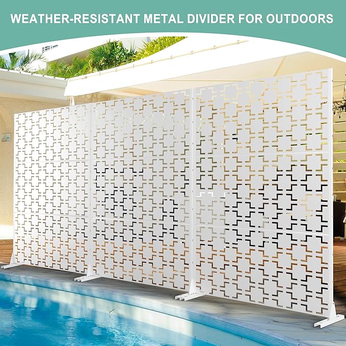 Metal Privacy Screen for Outdoor & Indoor Use, Free Standing Privacy Screen for Patio Garden Pool, 72" H x 47" W Decoative Privacy Panels, Weather Resistant, Easy Assembly (White Square)