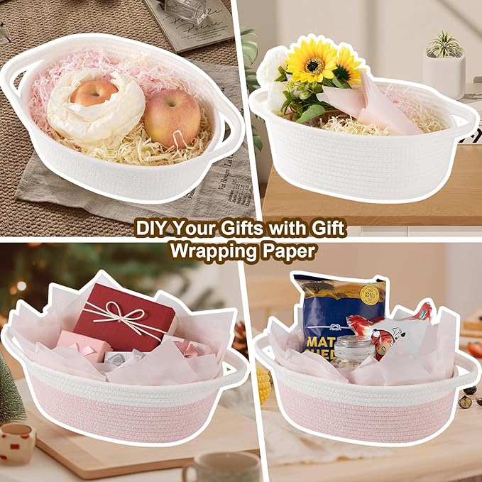 OIAHOMY Gift Basket Empty with Handle, 13.4"x 10"x 5.5" Small Woven Basket with Gift Bag, Ribbon and Wrap Tissue Paper, Dog Toy Storage for Organizing - White