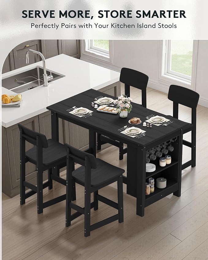 SERWALL Outdoor Bar Table and Chairs Set, 3-Piece HDPE Counter Height Patio Dining Sets with Storage and Wine Rack, Rectangular High Top Bar Table with 2 Bar Stools for Garden, Backyard, Black
