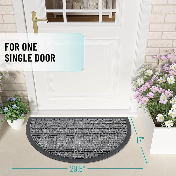 OLANLY Half Circle Door Mat Outside Entrance 29.5x17, Absorbent, Heavy Duty Sturdy Natural Rubber Doormat Indoor Outdoor, Fade Resistant, Non-Slip Backing Low Profile Floor Mat for Entryway, Grey