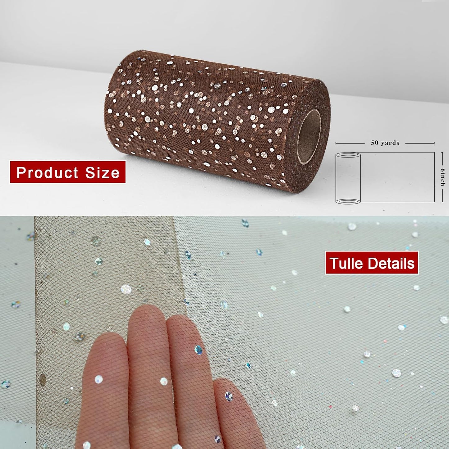 Glitter Tulle Rolls, 6' by 50 Yards (150FT) Sequin Tulle Netting Fabric for Tutu Skirts Sewing Birthday Wedding Party Decoration (Brown)