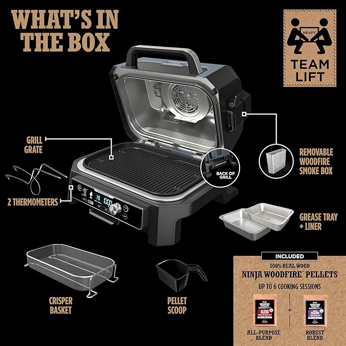 Ninja OG951 Woodfire Pro Connect Premium XL Outdoor Grill & Smoker, Bluetooth, App Enabled, 7-in-1 Master Grill, BBQ Smoker, Outdoor Air Fryer, Woodfire Technology, 2 Built-In Thermometers, Black/Blue