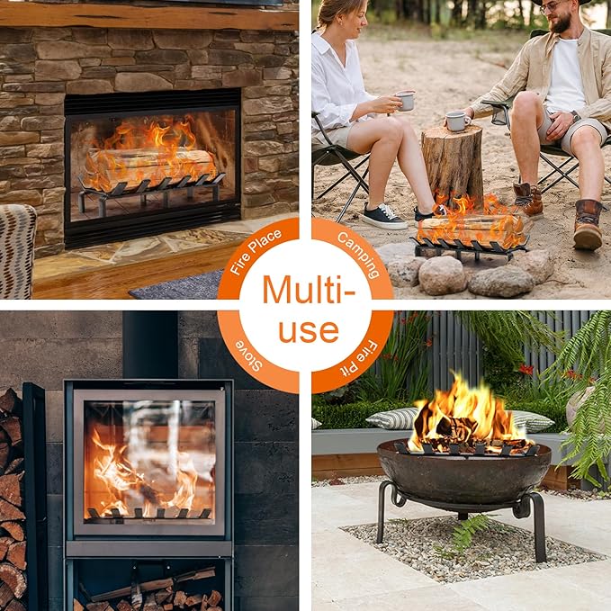 17" Fireplace Grate with Ember Retainer, Wood Stove Grate Rack, Heavy Duty Solid Steel 6-Bars Firewood Holder, Non-Assembly Fire Grate for Indoor Hearth Outdoor Firepit - Matt Black