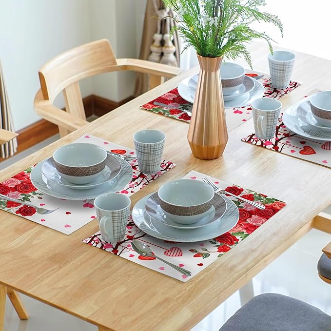 Giwawa Valentine's Day Placemats, Romantic Love Hearts Tree Branches Rose Floral Table Mat, Heat Stain Resistant Linen Place Mats for Kitchen Dining Wedding Anniversary Decor, 12"x18", Set of 4