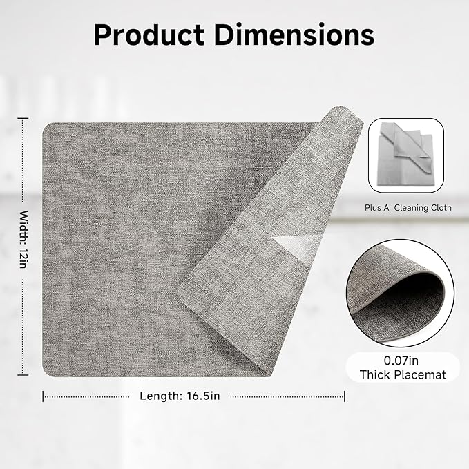 Faux Leather Vinyl Placemats Set of 6 Wipeable Heat Resistant Place Mats 100% Washable - Waterproof - Anti Slip Reversible Table Mats for Kitchen/Dining/Party/Outdoor, 12" x 16.5", Dark Grey
