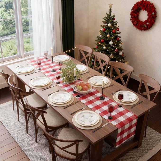 Encasa XO Cotton Dining Table Runner | Buffalo Red Checks | Size 13x120 in - Machine Washable & Durable