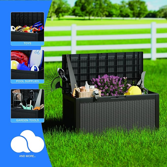 100 Gallon Deck Box, Resin Outdoor Indoor Waterproof Storage Box, Lockable Storage Box With Handle for Patio Furniture - Garden Tools - Swimming Pool Tools UV-Resistant, (100 Gallon Black)