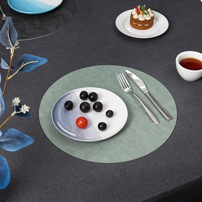 Myir JUN Round Placemats Dual Sided, Faux Leather Place Mats Set of 6 Indoor for Dining Table Outdoor Non-Slip Washable Table Mats (Set of 6, Gray Sage Green)