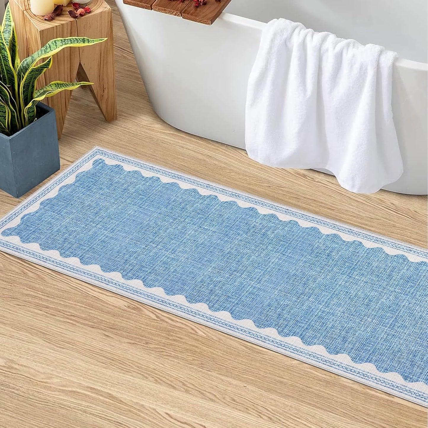 Scalloped Rug 2.5x10 Runners for Hallways, Solid Blue Non Slip Scalloped Bath Runner, Washable Rug for Bedroom Girls, Rugs for Kitchen Floor Soft Dorm Nursery Carpet for Bedside