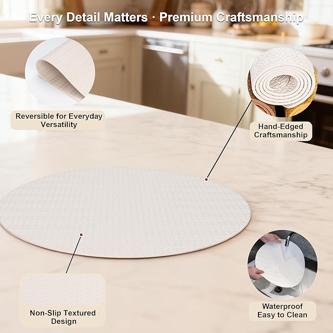 Round Faux Leather Placemats Set of 6 – 13 Inch Vinyl Mats, Heat Resistant, Non Slip, Wipeable & Washable, Easy to Clean Dining Table Decor for Kitchen & Holiday Gatherings（Ivory White）