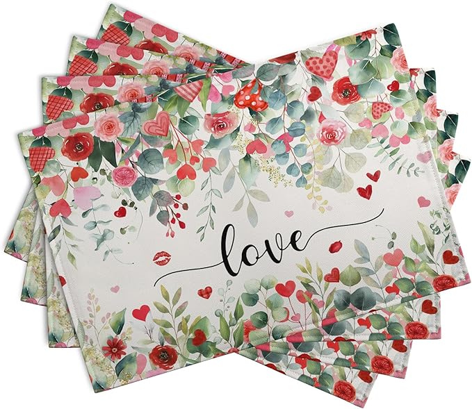 Valentines Day Love Heart Rose Placemats Set of 4 Valentine Eucalyptus Leaves Linen Table Mats Heat 12x18 Inch Spring Resistant Washable Table Mats for Kitchen Dining Decoration